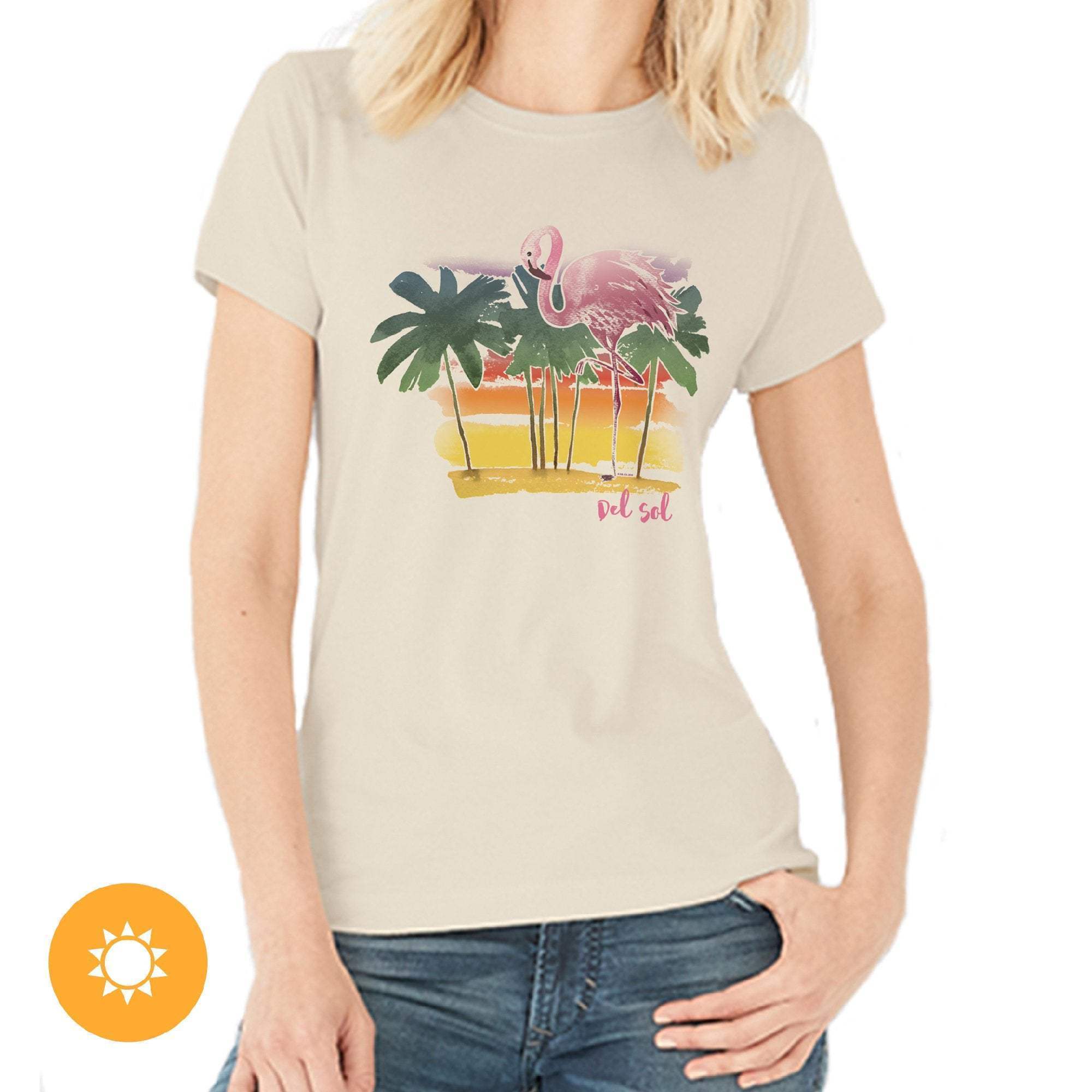Women Crew Tee - Watercolor Flamingo - Beige by DelSol for Women - 1 Pc T-Shirt (XL)