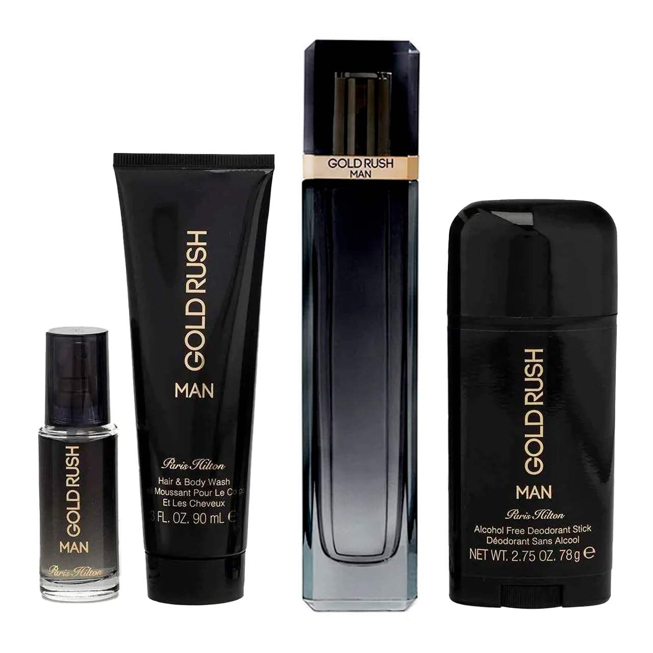 Gold Rush Man by Paris Hilton for Men - 4 Pc Gift Set 3.4oz EDT Spray, 0.5oz EDT Spray, 3.0oz Hair Body Wash, 2.75oz Alcohol Free Deodorant Stick