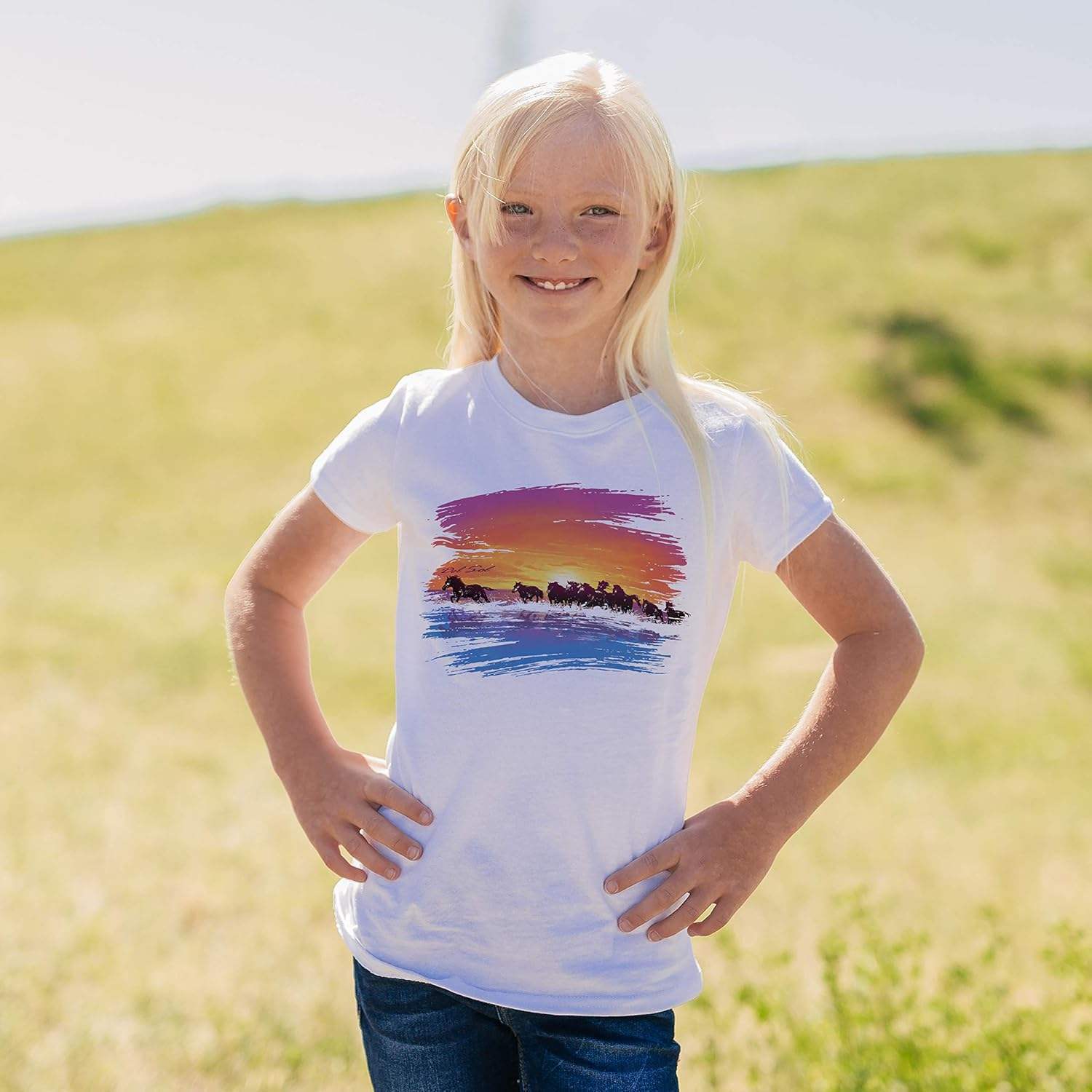 Girls Crew Tee - Wild Horse - White by DelSol for Women - 1 Pc T-Shirt (YXL)