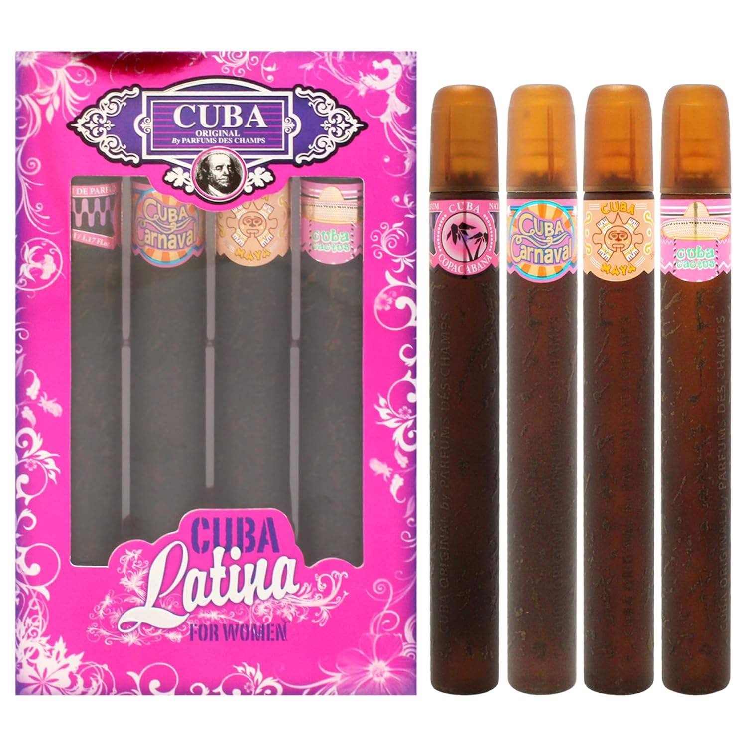 Cuba Latino Collection by Cuba for Women - 4 Pc Gift Set 1.17oz Cuba Copacabana EDP Spray, 1.17oz Cuba Maya EDP Spray, 1.17oz Cuba Carnaval EDP Spray, 1.17oz Cuba Cactus EDP Spray