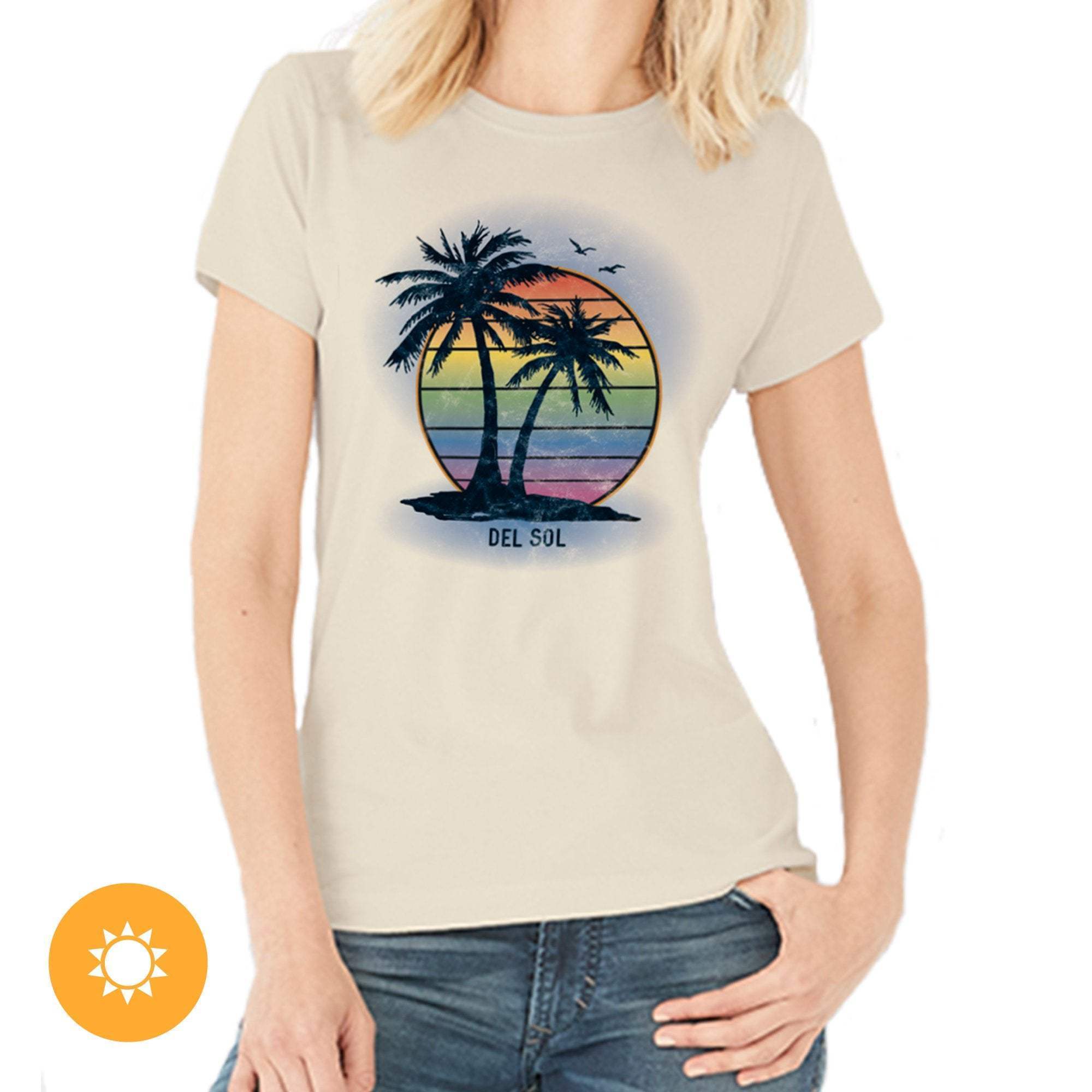 Women Crew Tee - Island Palm Sunset - Beige by DelSol for Women - 1 Pc T-Shirt (Medium)