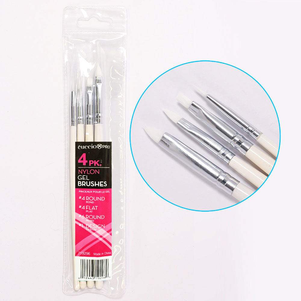 Nylon Nail Gel Brush Set - 1222 by Cuccio Pro for Women - 4 Pc 4 Round Nail Brush, 4 Flat Nail Brush, 6 Round Nail Brush, 1 Design Nail Brush