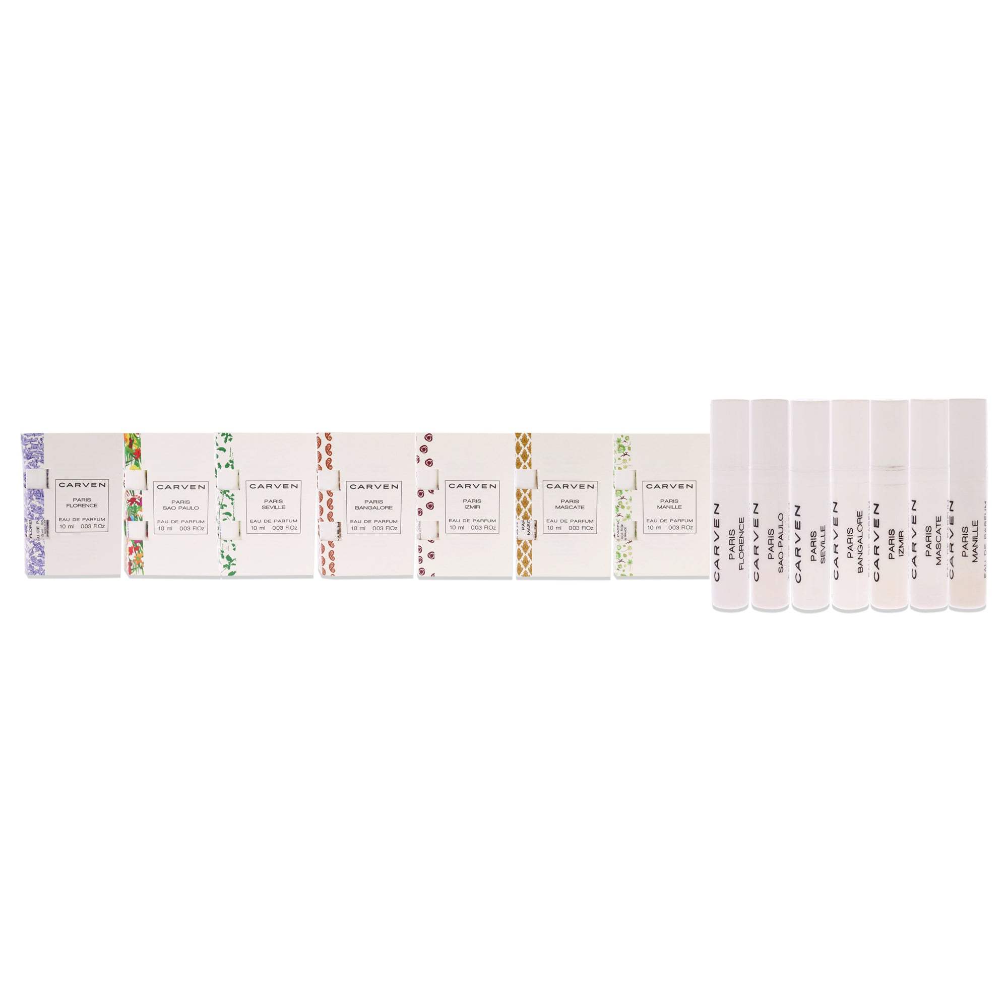 Carven Collection Mini Sampler Set by Carven for Women - 7 Pc Sampler Set 0.03 Seville, 0.03 Manille, 0.03 Sao Paulo, 0.03 Florence, 0.03 Mascate, 0.03 Izmir, 0.03 Bangalore