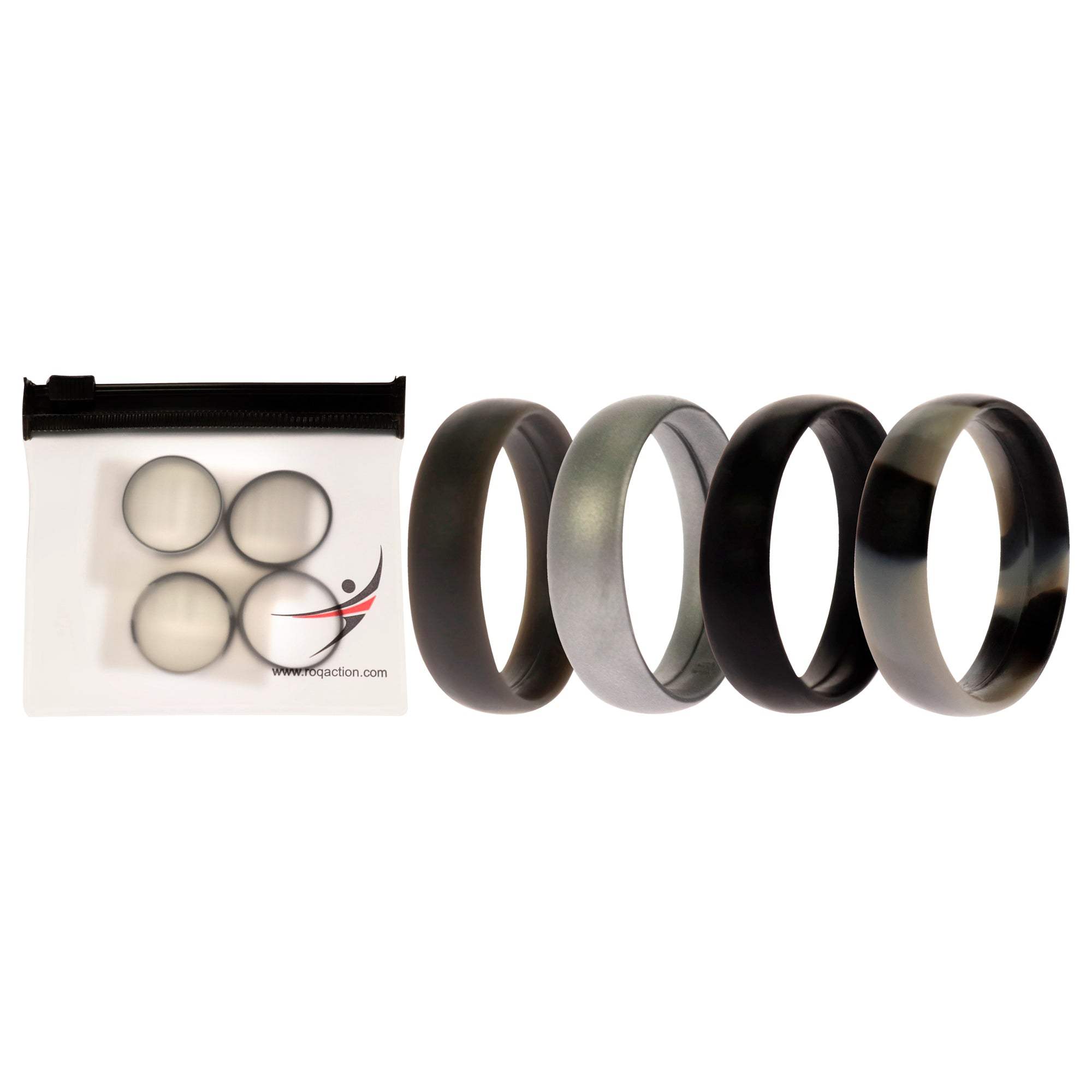 Silicone Wedding 6mm Smooth Ring Set - Black Camo by ROQ for Men - 4 x 10 mm Ring