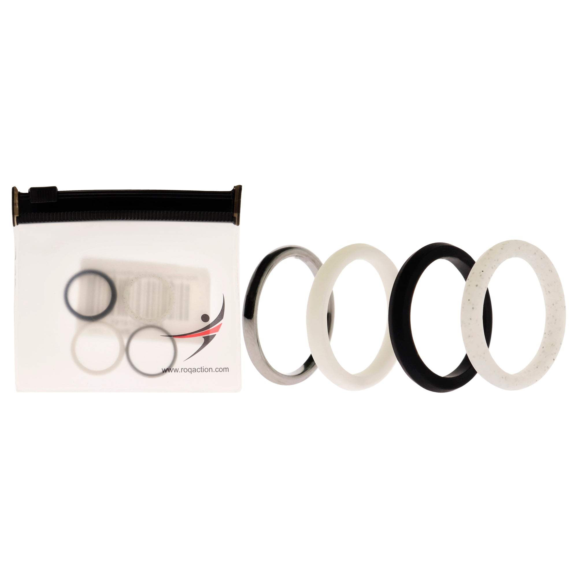 Silicone Wedding Twin 2mm Ring Set - Black-White by ROQ for Women - 4 x 5 mm Ring