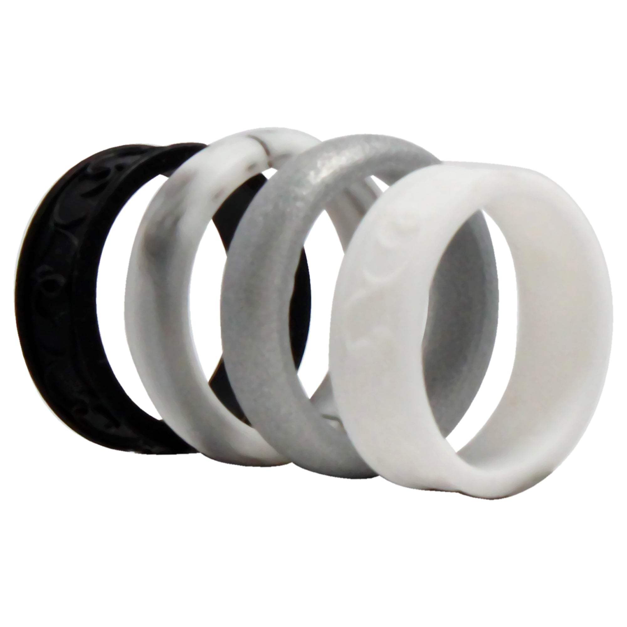 Silicone Wedding Flower Ring Set - Black-White by ROQ for Women - 4 x 8 mm Ring