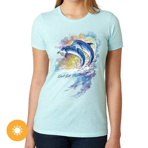 Girls Crew Tee - Watercolor Dolphins - Ice Blue by DelSol for Women - 1 Pc T-Shirt (YM)