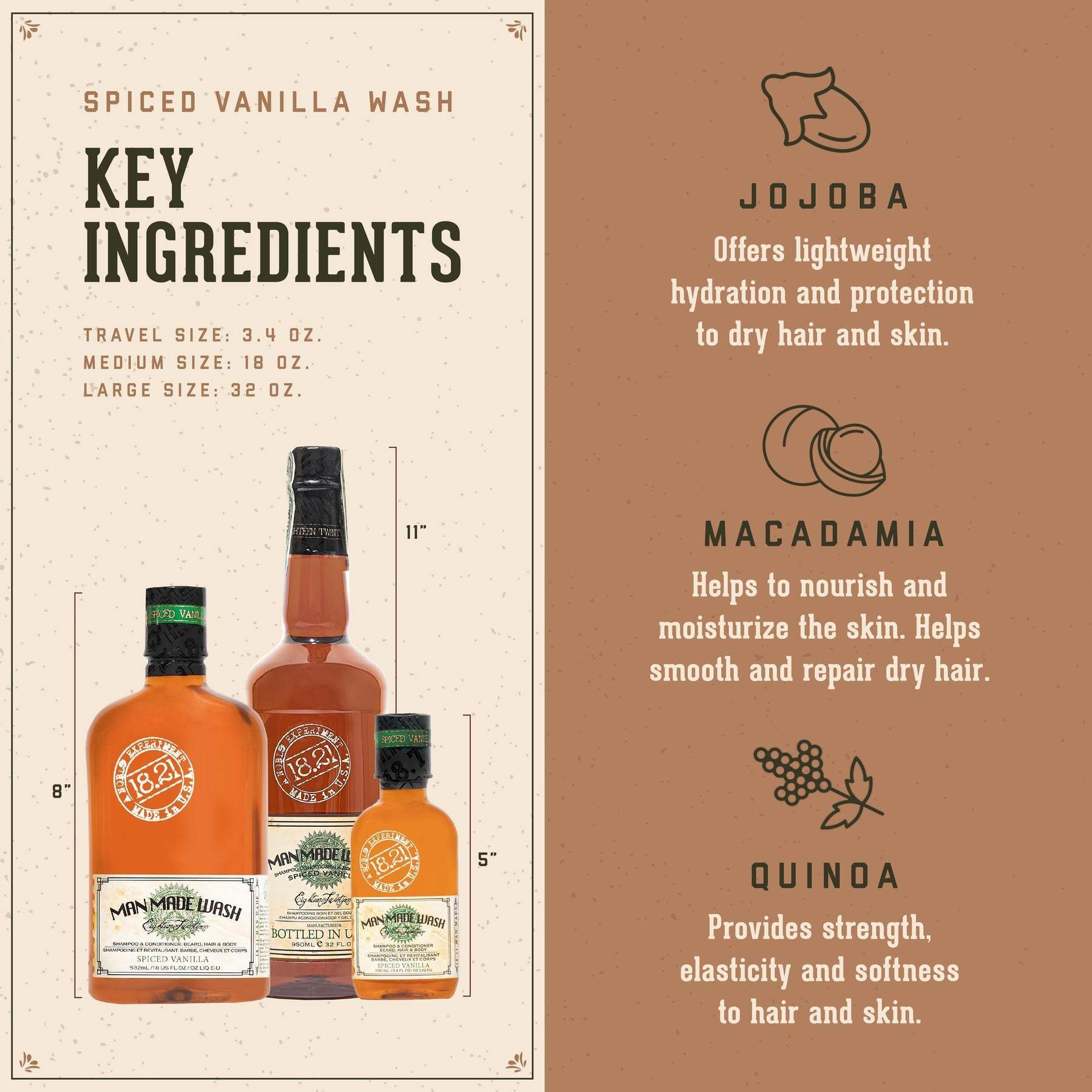 Man Made Wash - Spiced Vanilla by 18.21 Man Made for Men - 32 oz 3-In-1 Shampoo, Conditioner and Body Wash