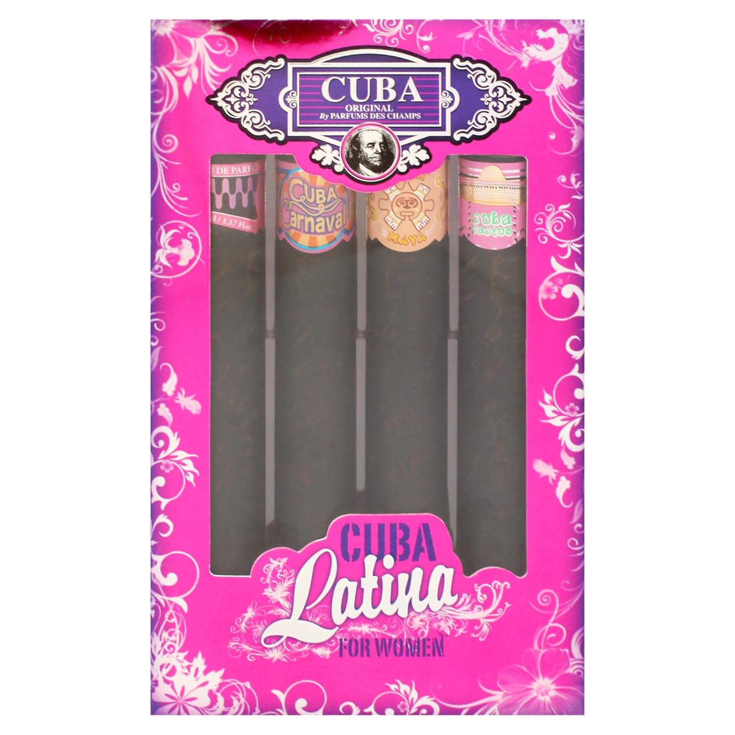 Cuba Latino Collection by Cuba for Women - 4 Pc Gift Set 1.17oz Cuba Copacabana EDP Spray, 1.17oz Cuba Maya EDP Spray, 1.17oz Cuba Carnaval EDP Spray, 1.17oz Cuba Cactus EDP Spray