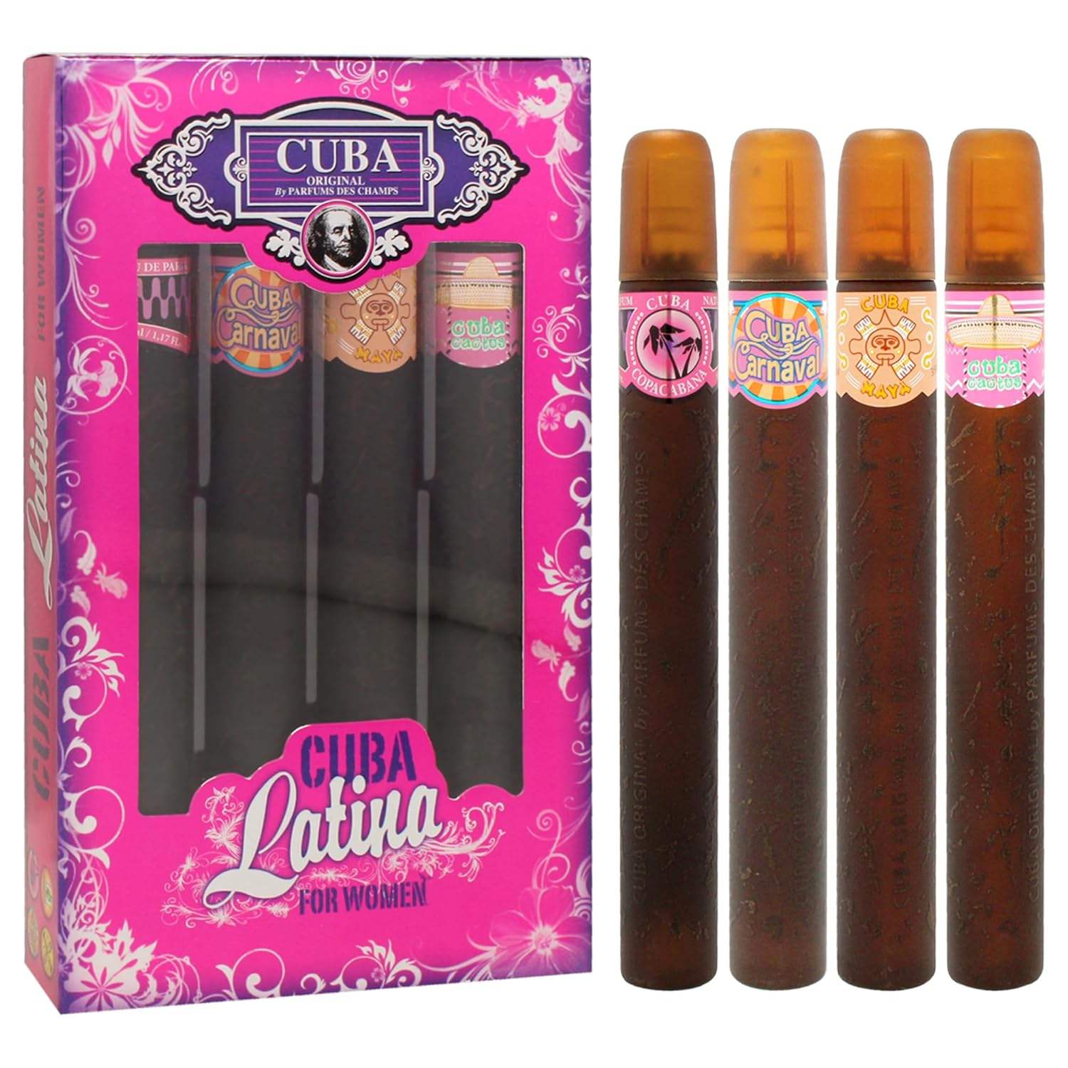 Cuba Latino Collection by Cuba for Women - 4 Pc Gift Set 1.17oz Cuba Copacabana EDP Spray, 1.17oz Cuba Maya EDP Spray, 1.17oz Cuba Carnaval EDP Spray, 1.17oz Cuba Cactus EDP Spray