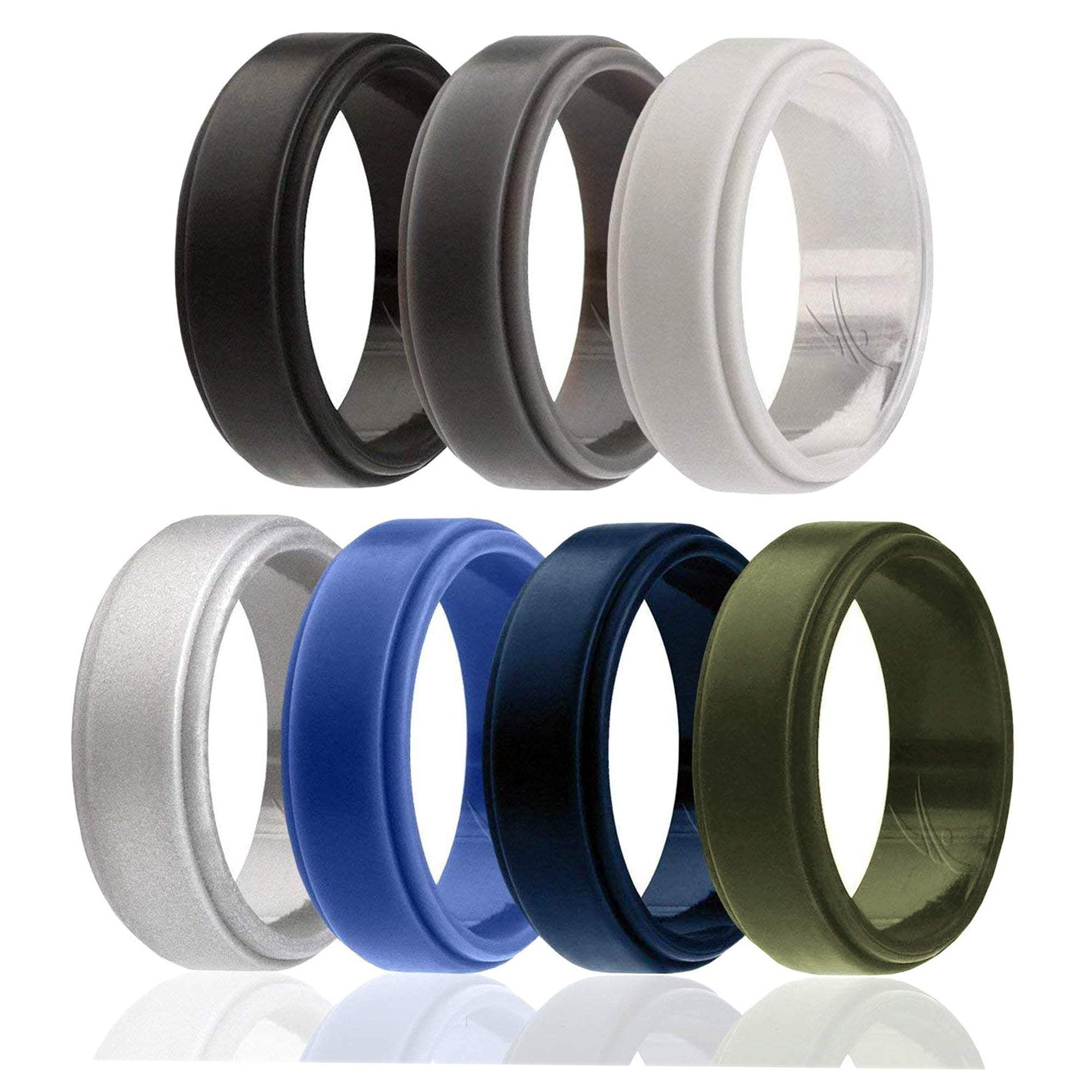 Silicone Wedding Ring - Step Edge Style Set by ROQ for Men - 7 x 13 mm Black, Grey, Light Grey, Silver, Blue, Navy Blue, Olive Green