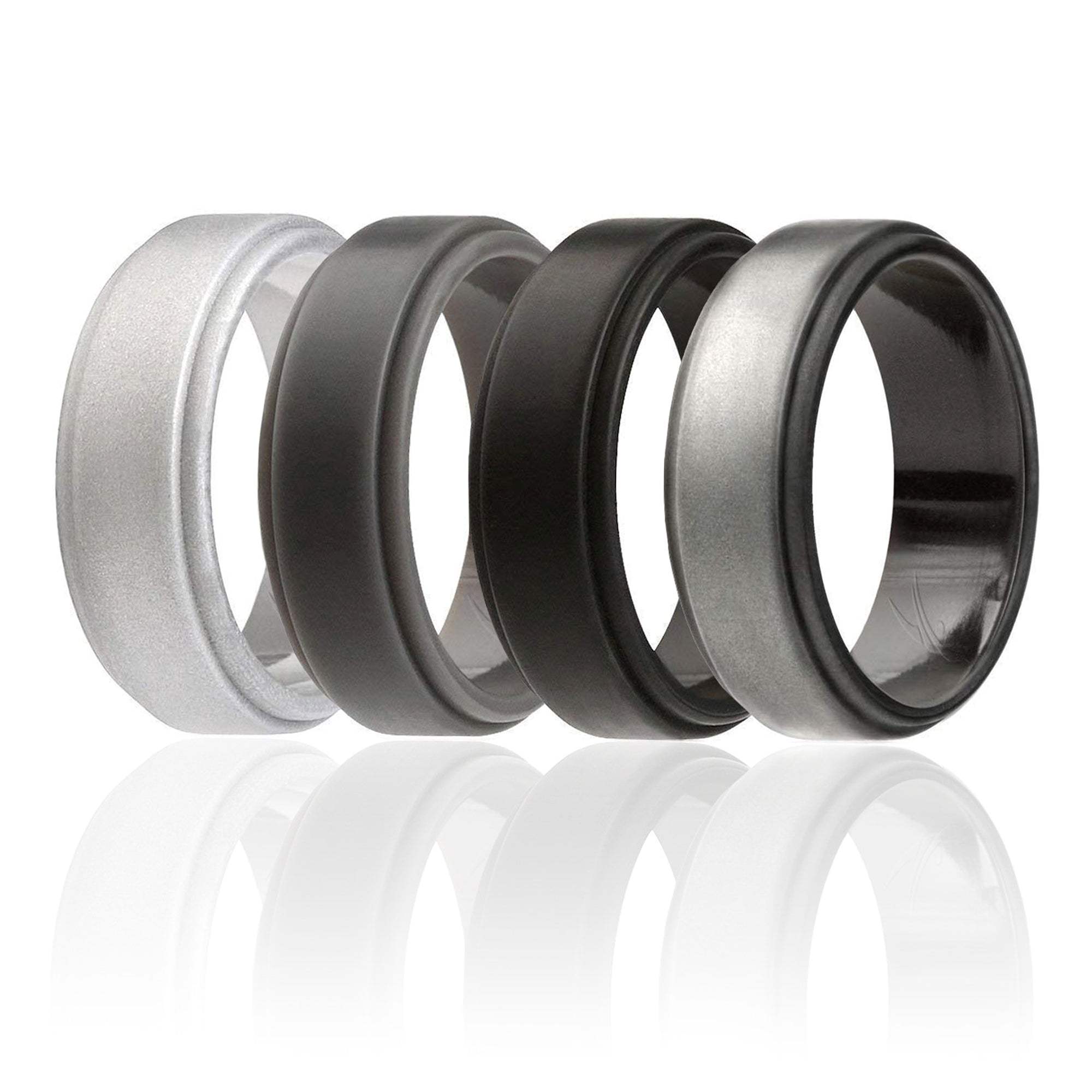 Silicone Wedding Ring - Step Edge Style Set by ROQ for Men - 4 x 10 mm Beveled Metalic Platinum, Black, Grey, Silver