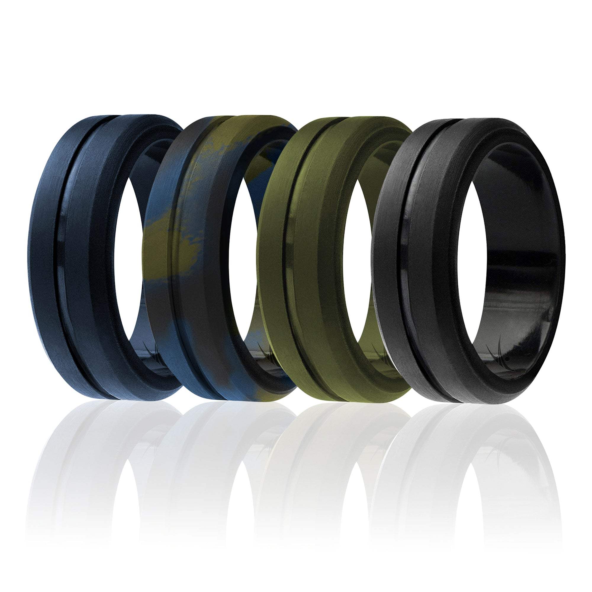 Silicone Wedding Ring - Engraved Middle Line Set by ROQ for Men - 4 x 9 mm Olive Blue Camo, Black, Blue, Dark Green