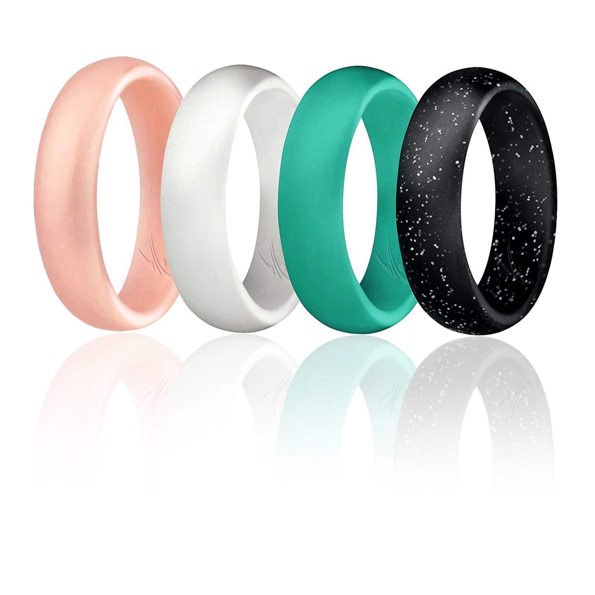 Silicone Wedding Ring - Dome Style Set by ROQ for Women - 4 x 10 mm Turquoise, Rose Gold, White, Black with Glitter Silver