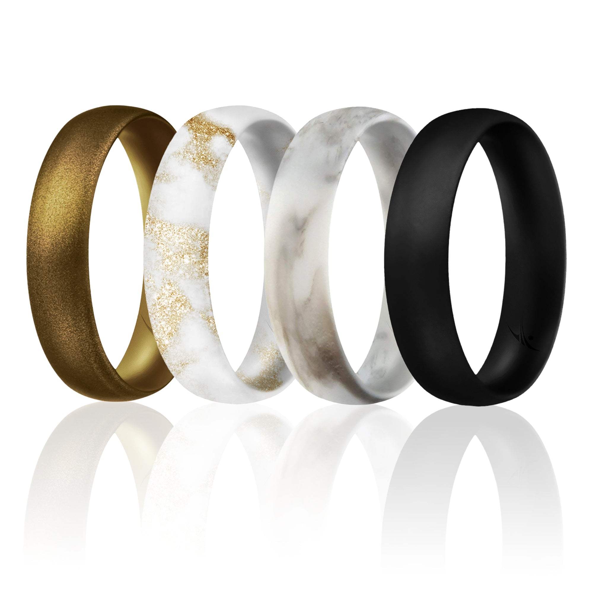 Silicone Wedding Ring - Dome Style Thin Comfort Fit Set by ROQ for Women - 11 mm Marble White with Black, Marble White with Metal Bronze, Black, Metal Bronze