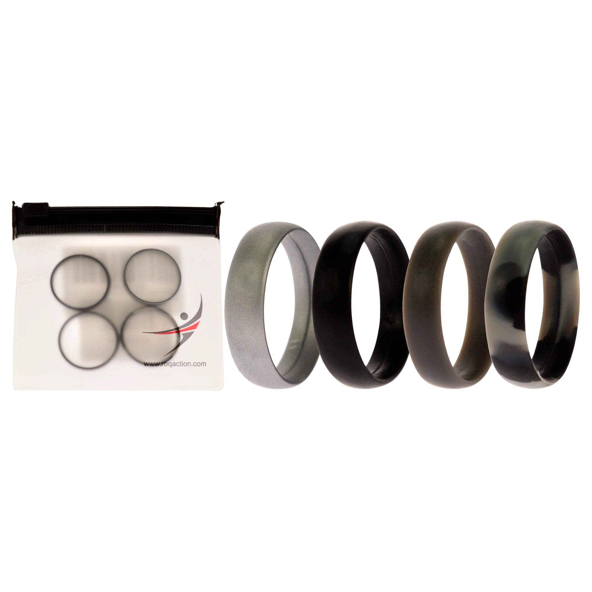 Silicone Wedding 6mm Smooth Ring Set - Black Camo by ROQ for Men - 4 x 11 mm Ring