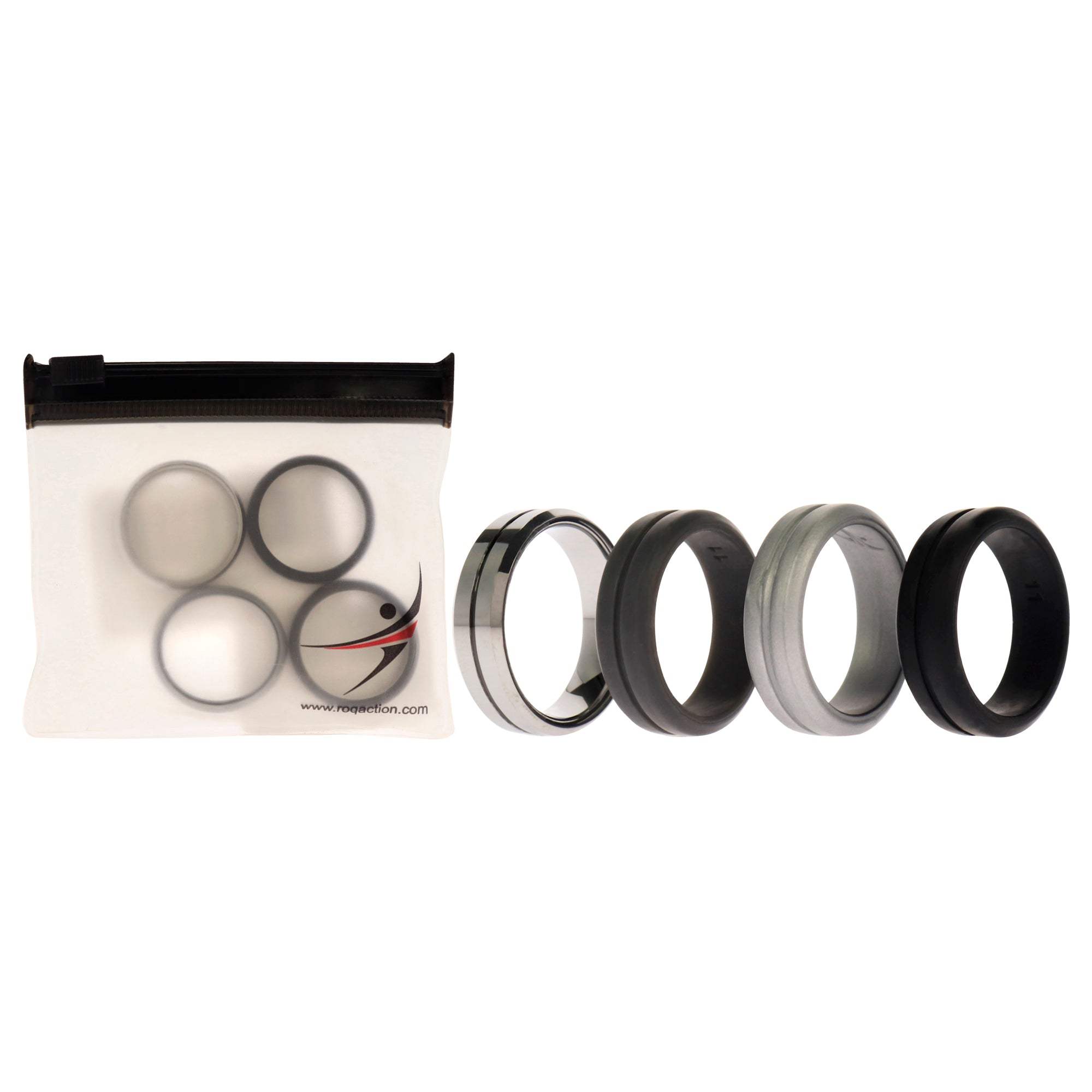 Silicone Wedding Twin Middle Line Ring Set - Black by ROQ for Men - 4 x 11 mm Ring