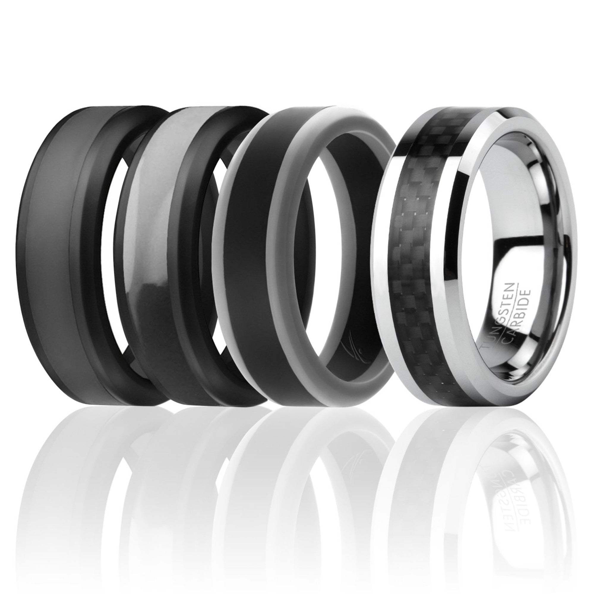 Silicone Wedding Twin Carbon Ring Set - Black-Grey by ROQ for Men - 4 x 11 mm Ring