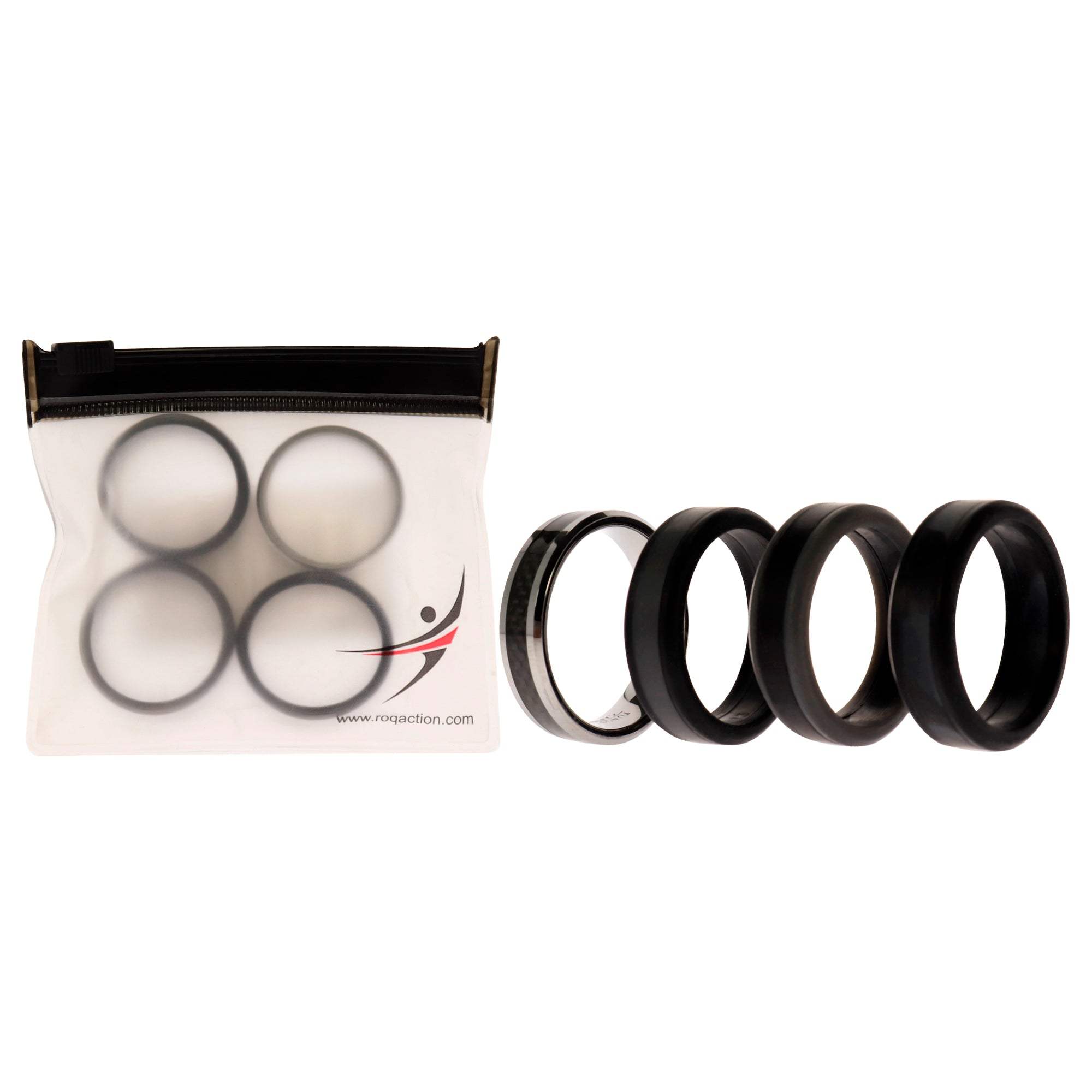 Silicone Wedding Twin Carbon Ring Set - Black-Grey by ROQ for Men - 4 x 13 mm Ring