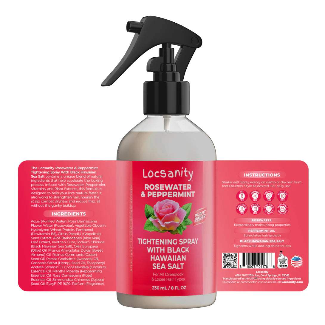 Locsanity Rosewater and Peppermint Rolling, Moisturizing, Tightening Spray Mist w/ Black Hawaiian Sea Salt