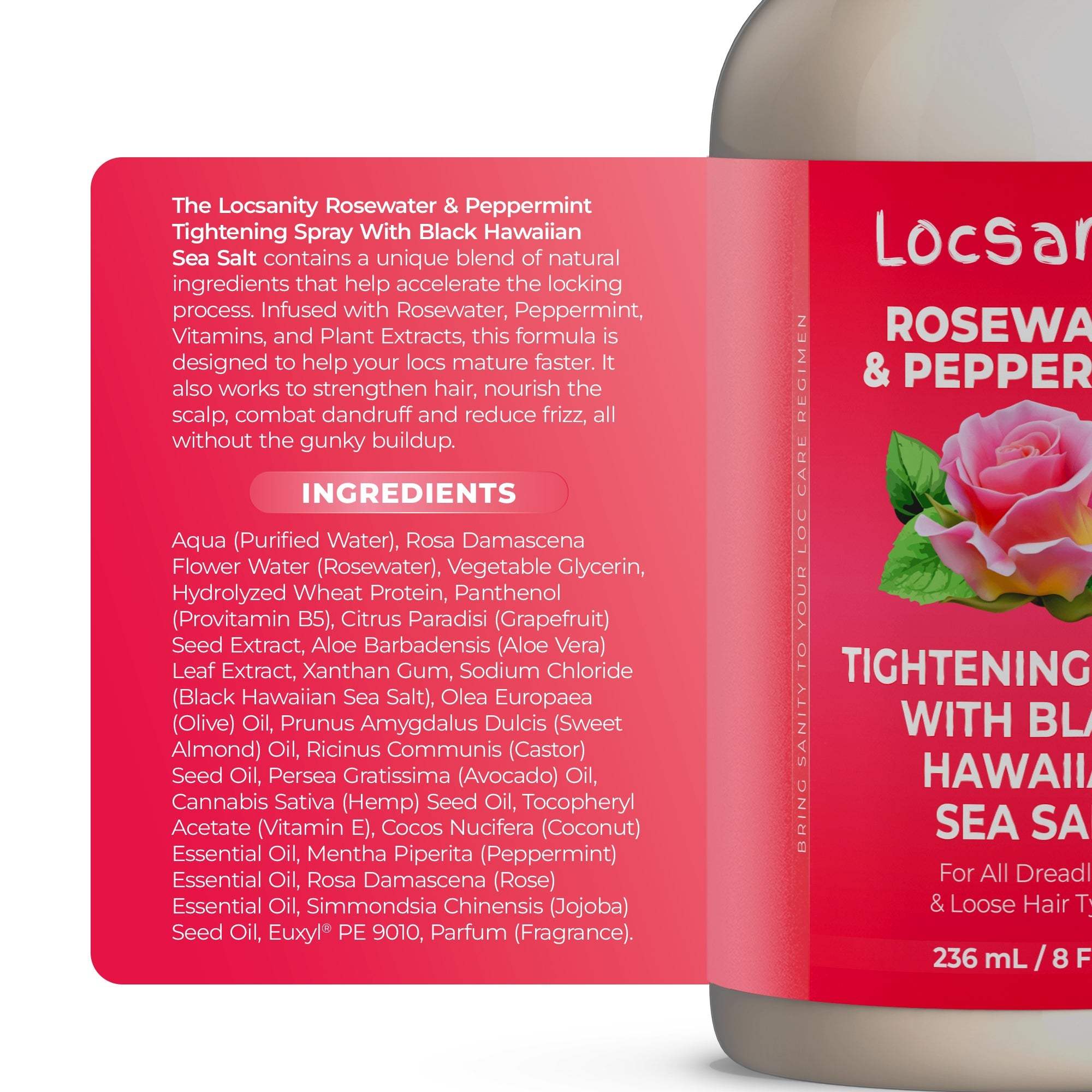 Locsanity Rosewater and Peppermint Rolling, Moisturizing, Tightening Spray Mist w/ Black Hawaiian Sea Salt