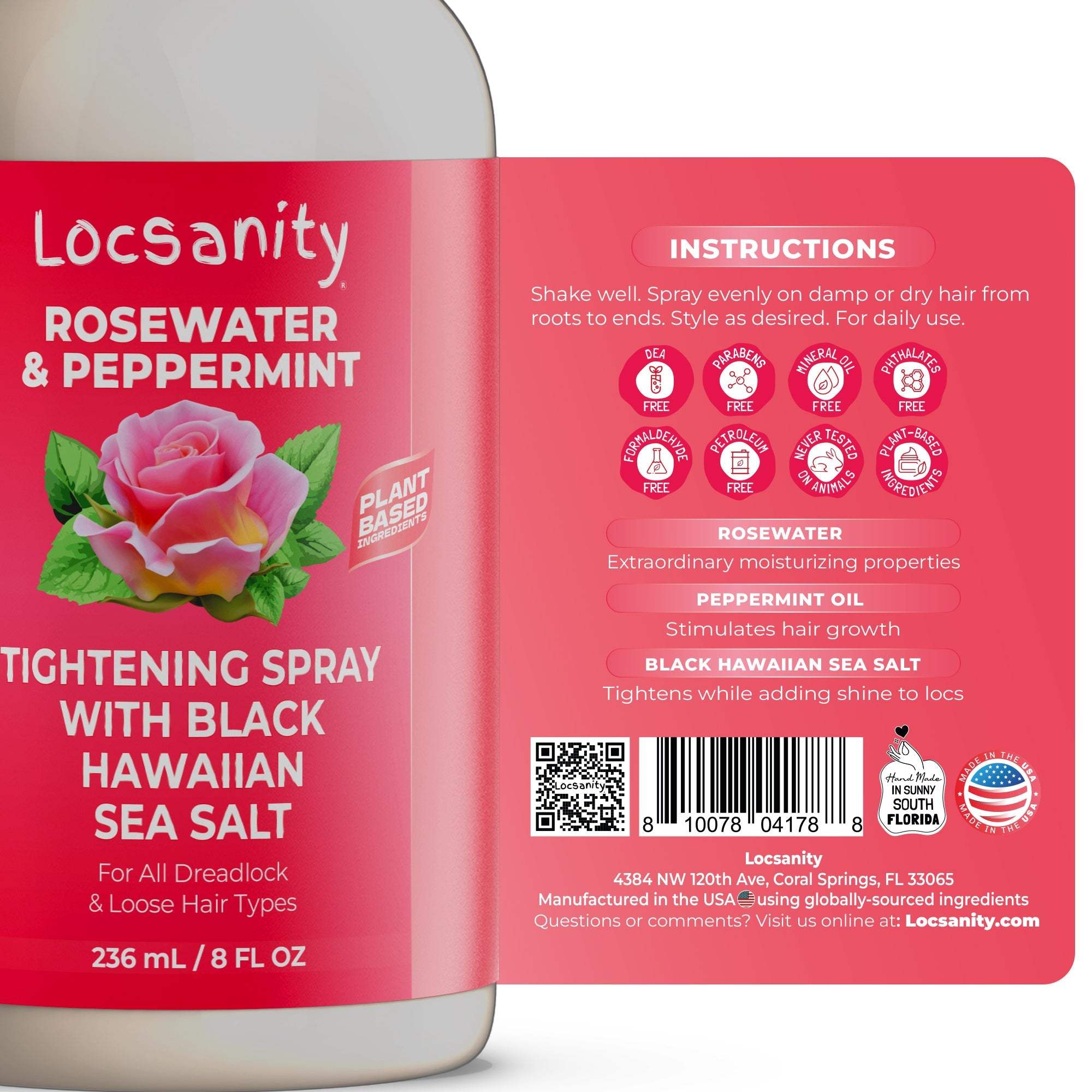 Locsanity Rosewater and Peppermint Rolling, Moisturizing, Tightening Spray Mist w/ Black Hawaiian Sea Salt