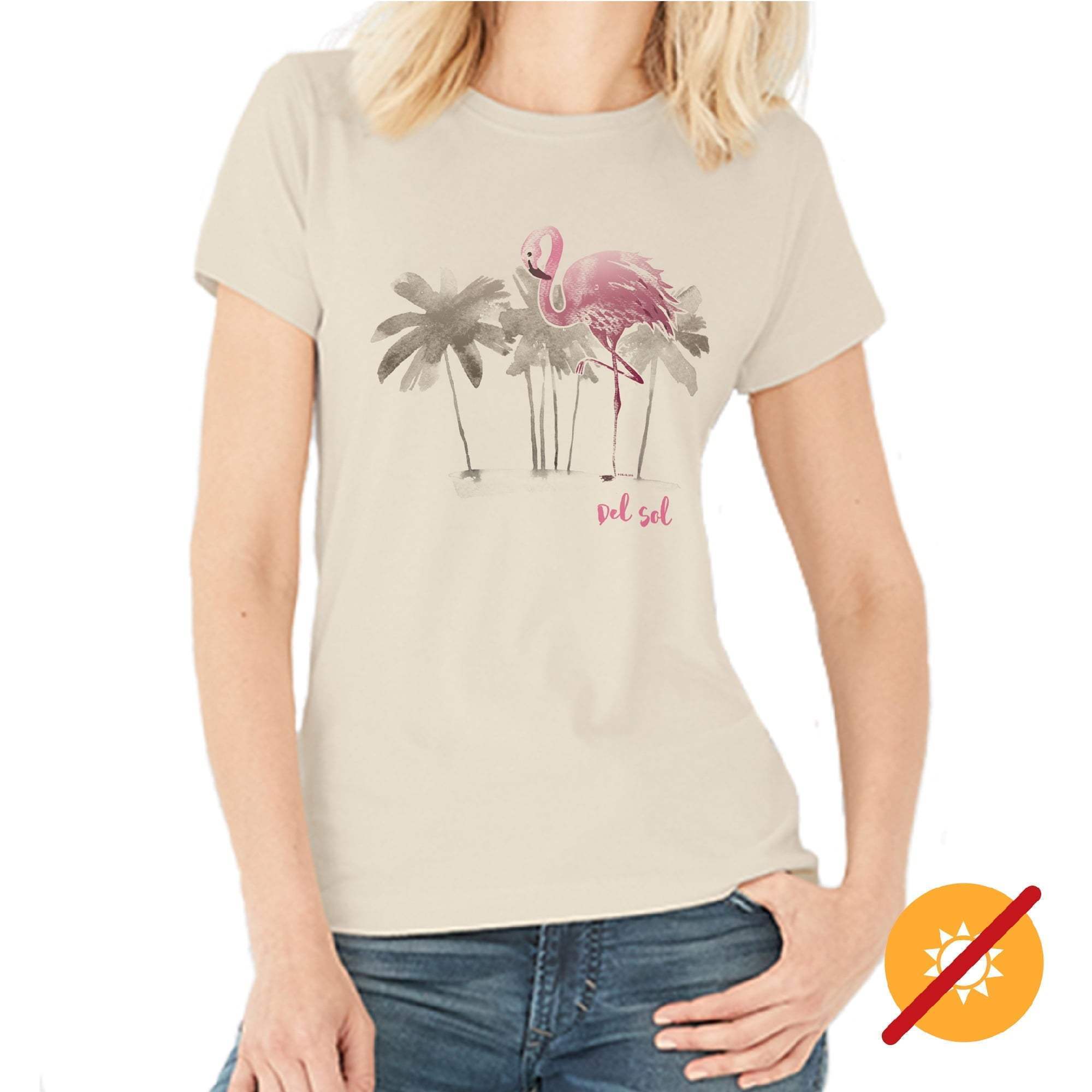 Women Crew Tee - Watercolor Flamingo - Beige by DelSol for Women - 1 Pc T-Shirt (XL)