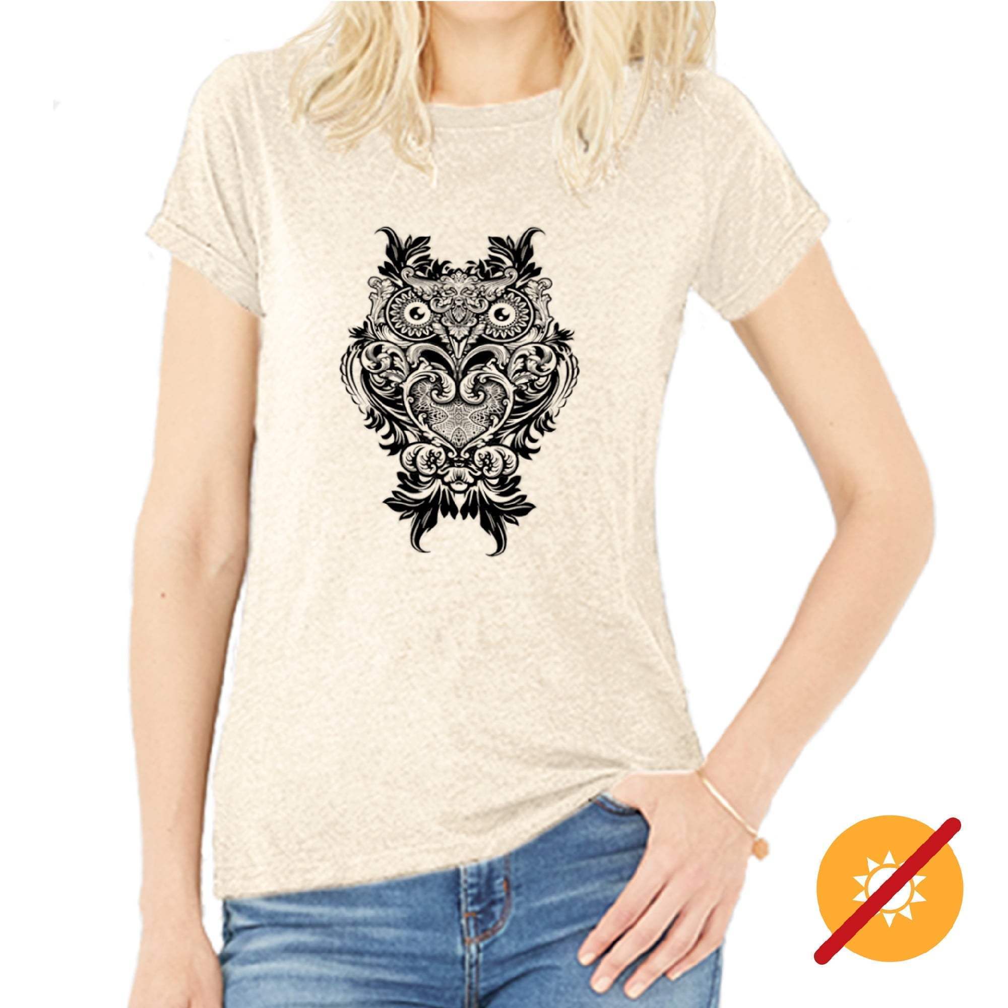 Women Crew Tee - Ornate Owl - Beige by DelSol for Women - 1 Pc T-Shirt (XL)