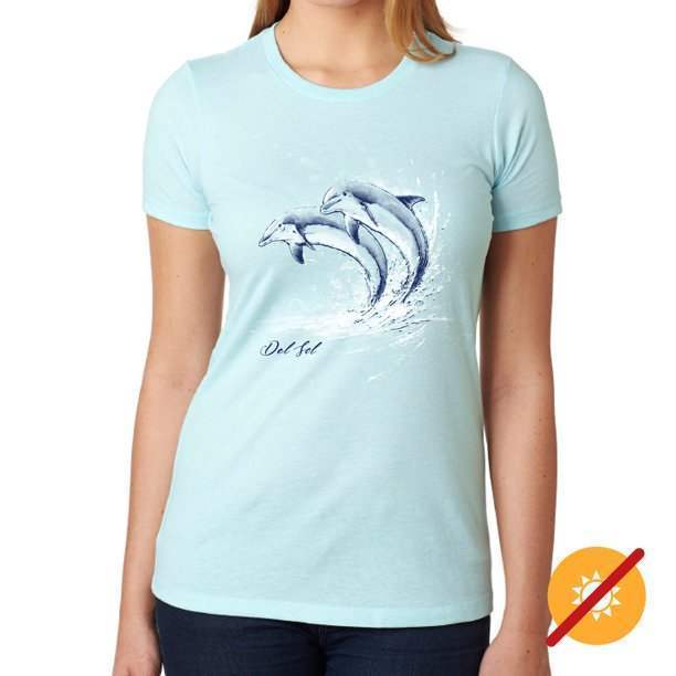 Junior Crew Tee - Watercolor Dolphins-Ice Blue by DelSol for Women - 1 Pc T-Shirt (Large)