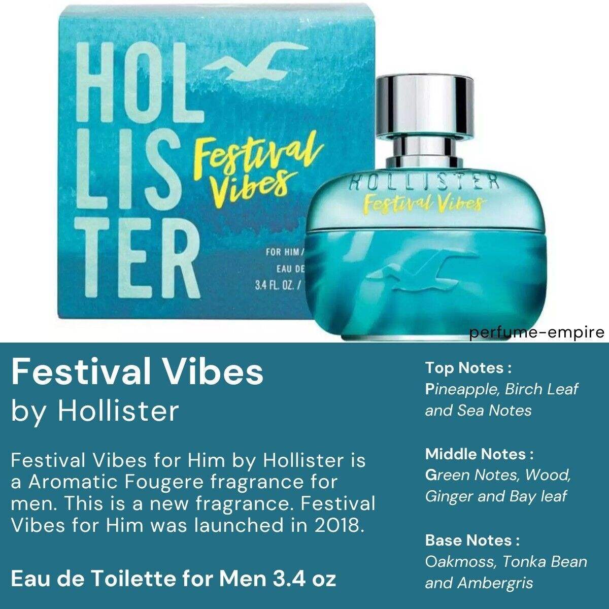 Festival Vibes by Hollister for Men - 3.4 oz EDT Spray (Tester)